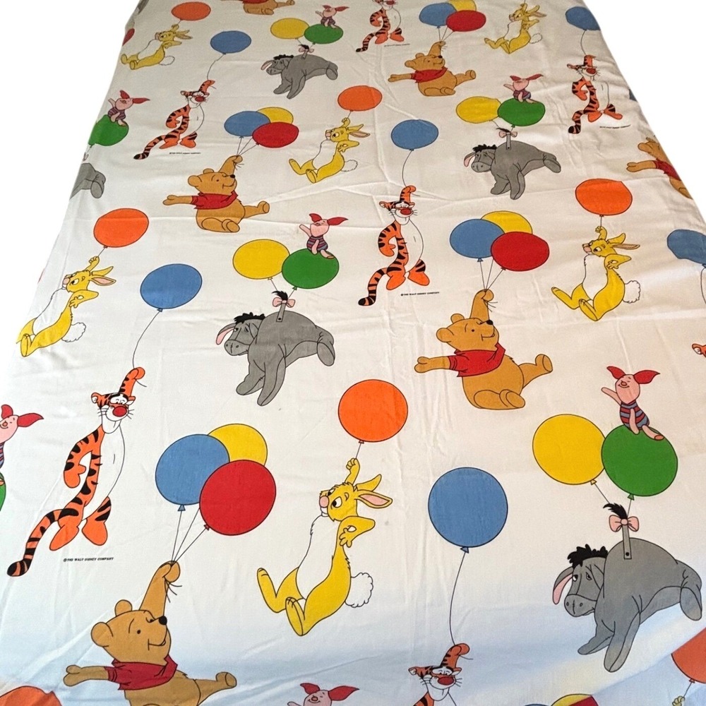 Vintage Disney Winnie the Pooh Twin Flat Sheet & Pillowcase Set 90s White Blue